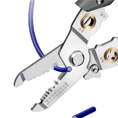 Close-up of 15 In 1 multifunctional Wire Stripper Decrustation Pliers Multi Tool cutting blue wire with precision blades.