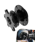 Built Tight Quick Swap Steering Wheel Adapter And Six Hole Hub Boss Kit For Drag Strip Runs and Autocross Days In Gloss Black Aluminum setup, focusing on the six hole hub and quick release mechanism.