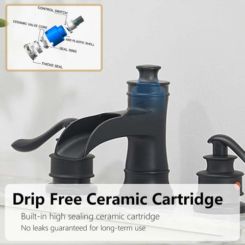 Matte Black Widespread Bathroom Faucet With Waterfall Spout Farmhouse Style 3 Hole Sink Faucet with ceramic cartridge.