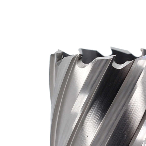 Oscarbide 1-7/8-inch annular cutter; metallic silver finish; close-up of cutting teeth