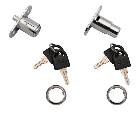 Premium Heavy Duty Two Pack Push Plunger Lock With Unique Keys For Cabinet Wardrobe And Storage Zinc Alloy Chrome Coating Locks view with keys and rings.