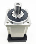 Heavy Duty High Torque Planetary Gearbox Reducer On Flange Input For 2KW Motor, silver alloy housing, top view with shaft.