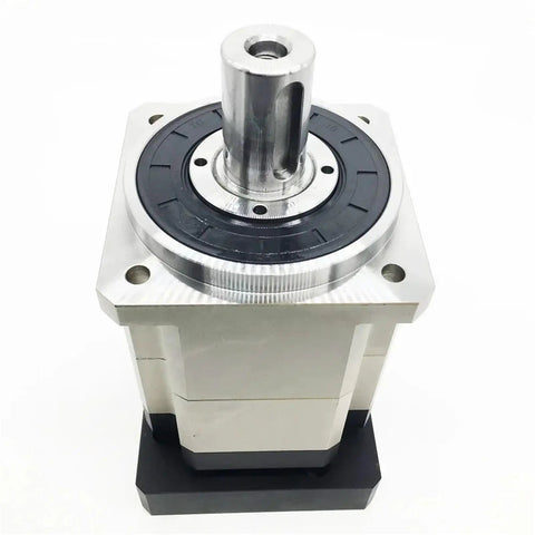 Heavy Duty High Torque Planetary Gearbox Reducer On Flange Input For 2KW Motor, silver alloy housing, top view with shaft.