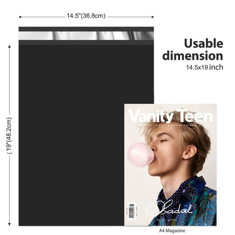 Heavy Duty 14.5x19 Black Poly Mailers 50 Pack Self Sealing Shipping Bags for clothing with magazine size comparison