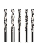 Pro Level 2 Flute Compression CNC Router Bits Up Down Cut Carbide Tipped Woodworking End Mill 5 Piece Set viewed from side.
