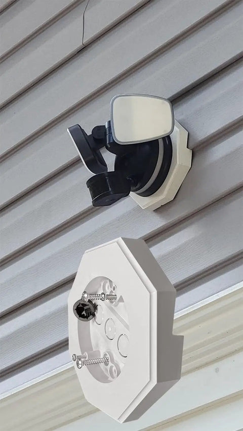 Vertical Siding Lamp Mount Kit With Built-In Box For Lights One Half Inch PVC on lap siding with detachable light.