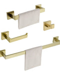 Four Piece Brushed Gold Stainless Steel Bathroom Hardware Set Including Towel Bars Toilet Paper Holder And Cloth Hook Made With SUS304 Rust Resistant Finish For Durable Modern Sleek Bathroom Organization And A Cool Vibe shown with towels