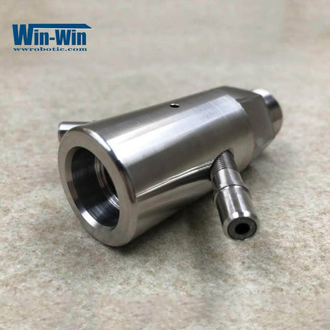 Waterjet mixing chamber assembly 014197-1, angled side view, stainless steel, Win-Win branded part.
