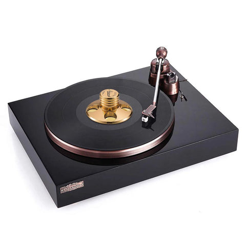 Nobsound STB-01 LP vinyl turntable with gold metal disc stabilizer weight on black plinth.