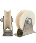 Beefed-Up Heavy Duty Nylon U-Groove Wheel Caster For Inverted Track And Sliding Doors, Smooth Silent Roller With Two Built-In Bearings, Perfect For Industrial Carts, Wire Rope Rails, Rolling Gates, And Gate Systems, 1.2 Inch Wheel. Nylon U-groove wheel caster with steel bracket