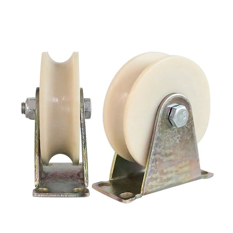 Beefed-Up Heavy Duty Nylon U-Groove Wheel Caster For Inverted Track And Sliding Doors, Smooth Silent Roller With Two Built-In Bearings, Perfect For Industrial Carts, Wire Rope Rails, Rolling Gates, And Gate Systems, 1.2 Inch Wheel. Nylon U-groove wheel caster with steel bracket