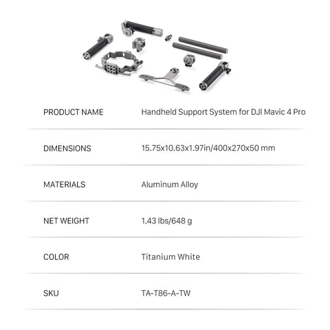 Components of Dope Handheld Cage Rig For DJI Mavic 4 Pro Titanium White with dimensions and materials details.