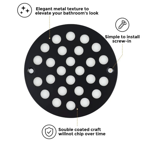 Zero Hassle Screw In Round Shower Drain Cover With A Slick Matte Black Look Heavy Hitter 4 Inch OD Floor Drain Grate close-up view.