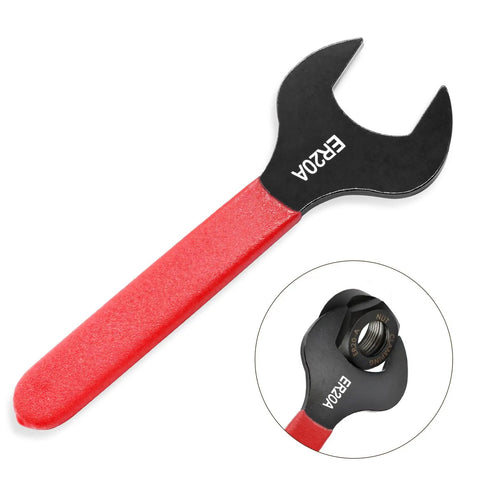 Collet Chuck Wrench For ER20A Lathe Clamping Nut 30mm Spanner Tool, heavy duty with red handle and close-up on clamping nut