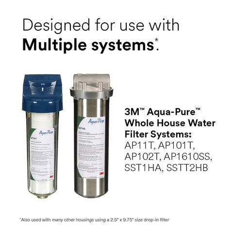 Two 3M Aqua-Pure whole house water filters compatible with multiple systems, listed alongside product descriptions on white background.