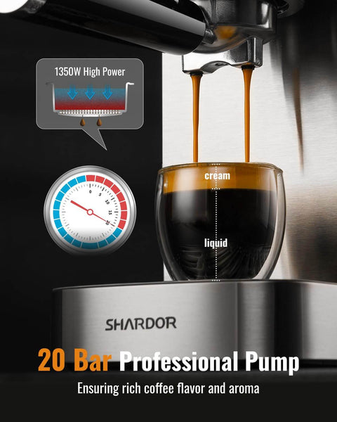 Close-up of espresso pouring from 1350W 20 Bar Espresso Machine With Milk Frother And Touchscreen for rich home lattes.