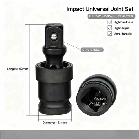 Swivel Impact Socket Set Four Piece With 360 Degree Universal Joint Adapter highlighting dimensions in CR-V steel