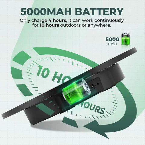 5000mAh battery indicator on Huge Fly Rivergo Cordless Turntable For Photography 16.5 Inch, showcasing rechargeable features.