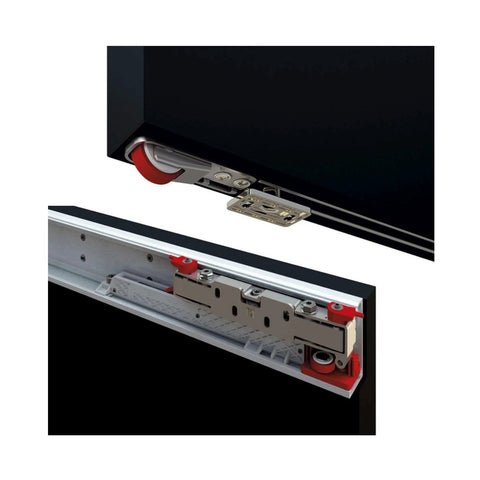 Close-up of Floating Door System Pro Grade Sliding Track Kit With Concealed Barn Door Hardware Patented Designs Made In Italy