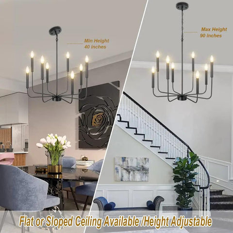 Black 8 Light Farmhouse Chandelier With Adjustable Height From 40 To 90 Inches, Dope Wrought Iron Candle Chandelier in dining setup