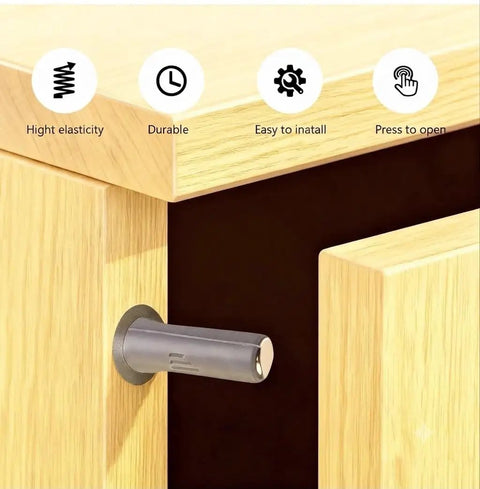 Hidden Magnetic Push Latches For Cabinets And Closets, 10 Pack Gray Cabinet Door Latch Kit showing latch mechanism inside wooden cabinet