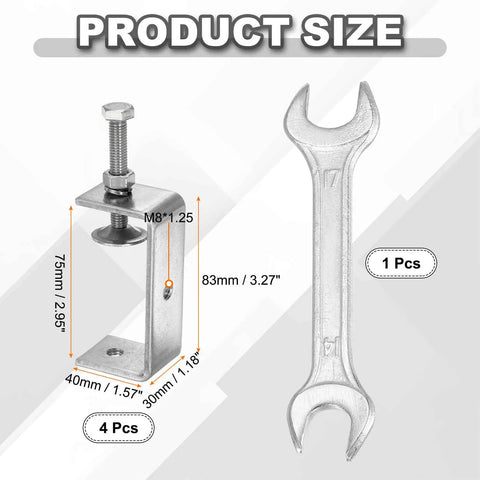 4-Piece Stainless Steel C Clamps Set, Mini 75mm Wide Jaw Opening, 2.95 Inches, Heavy Duty U Clamp for Woodworking, Welding, Building, and Household Mounting, 304 Stainless Steel, Rust Resistant Clips. Size diagram