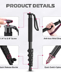 Ultra Lightweight 61 Inch Camera Monopod For On The Go Travel Photography showing 5-section aluminum structure with wrist strap.