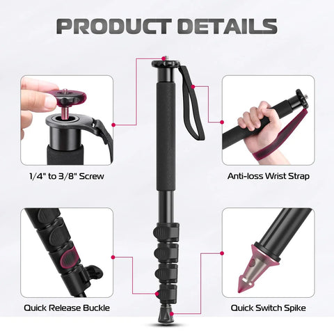 Ultra Lightweight 61 Inch Camera Monopod For On The Go Travel Photography showing 5-section aluminum structure with wrist strap.