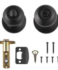 Classic Matte Black Door Knob With Lock For Bedroom And Bathroom, brass body, steel core, adjustable latch, faceplate, screws shown