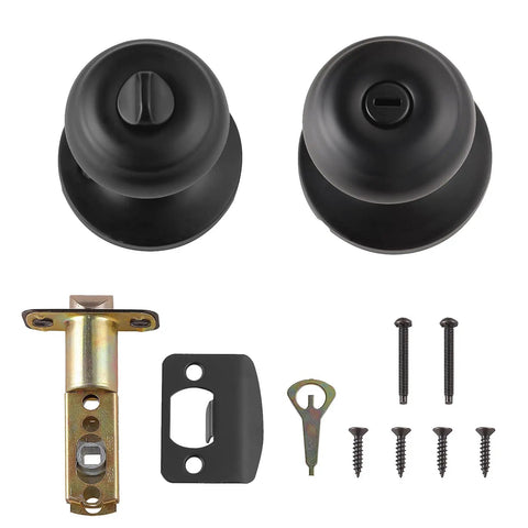 Classic Matte Black Door Knob With Lock For Bedroom And Bathroom, brass body, steel core, adjustable latch, faceplate, screws shown