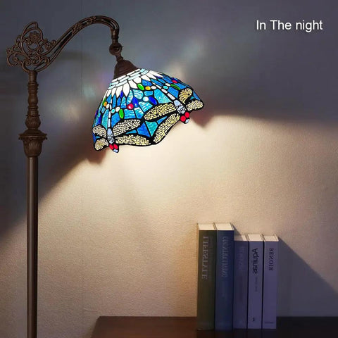 Dope Tiffany Style Stained Glass Floor Lamp with Sea Blue Dragonfly Pattern illuminating a room at night, 62 inch tall pole.