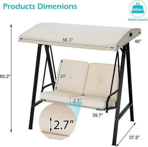 Two Seat Outdoor Patio Swing Chair With Adjustable Canopy Removable Cushions Sturdy 600 Lb Frame dimensions view