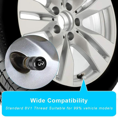 Close-up of 4 Pack Metal Tire Valve Stem Caps For Infiniti Q50 Q60 QX60 QX70 FX35 FX37 EX35, Zinc Alloy, Sleek Black