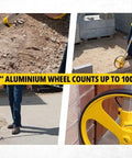 Heavy Duty Gear Driven Measuring Wheel With Tough Plastic Housing And Five Digit Counter Built Like A Tank With Quick Fold Handle And Kickstand Diecast Aluminum Wheel Aces Road Layouts Mw40M measuring wheel at construction site with 12" aluminum wheel.