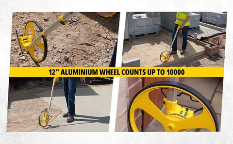 Heavy Duty Gear Driven Measuring Wheel With Tough Plastic Housing And Five Digit Counter Built Like A Tank With Quick Fold Handle And Kickstand Diecast Aluminum Wheel Aces Road Layouts Mw40M measuring wheel at construction site with 12" aluminum wheel.