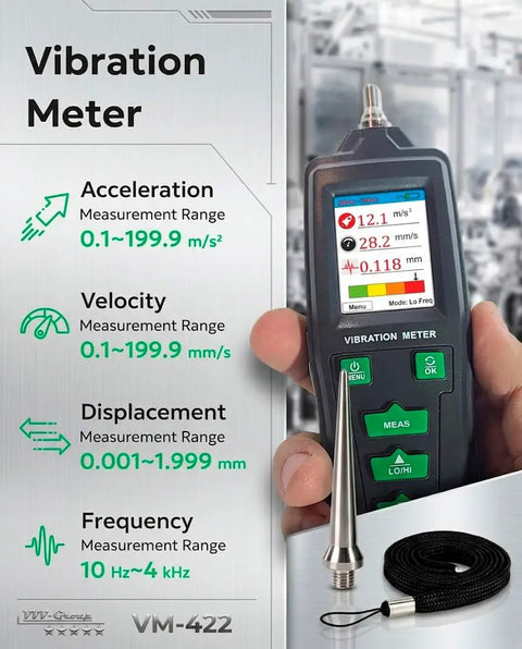 Workhorse Industrial Vibration Meter VM 422 With Memory For Trend Tracking, 3 In 1 Vibration Diagnostics, Measures Acceleration 0.1 To 199.9 m/s2, Velocity 0.1 To 199.9 mm/s, Displacement 0.001 To 1.999 mm, 10 Hz To 4 kHz, 500 Data Storage handheld meter with probe