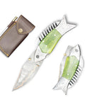 Fish Style Copper Damascus Folding Knife With Ladder Pattern Blade, Brass Engraved Handle, Leather Sheath displayed open and closed