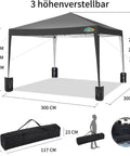 10x10 Pop Up Canopy Tent With No Fuss Setup And Instant Shade Waterproof Outdoor Shelter Includes 4 Sandbags 8 Stakes Ropes And Carry Bag For Parties Beach Backyard And Camping Black adjustable height diagram