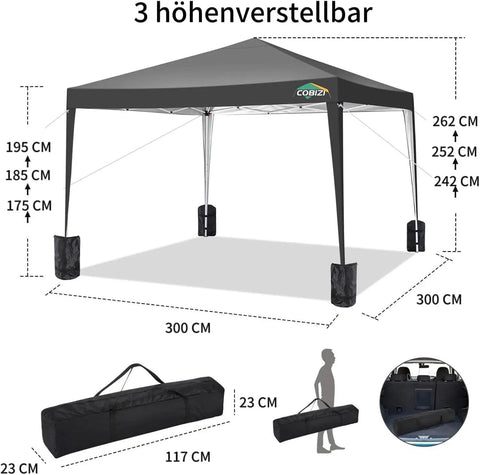 10x10 Pop Up Canopy Tent With No Fuss Setup And Instant Shade Waterproof Outdoor Shelter Includes 4 Sandbags 8 Stakes Ropes And Carry Bag For Parties Beach Backyard And Camping Black adjustable height diagram