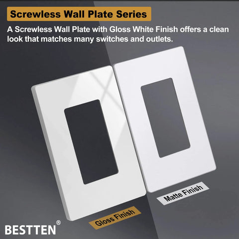 Glossy and matte 100 Pack Screwless 1 Gang Wall Plate Decorator Outlet Cover Glossy White Sleek AF Modern Look For Light Switch Dimmer USB GFCI