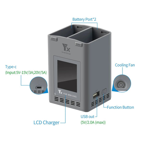 Two-Way Charging Hub For Mini 5 Pro, Mini 4 Pro, Mini 3 Pro Quick-Charge Dual Battery Dock With Battery Level Indicator front view