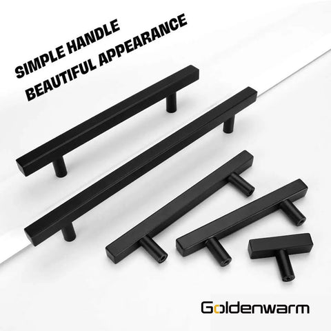 30 Pack Matte Black Cabinet Pulls 3 Inch T Bar Drawer Handles For Your Kitchen Cabinets And Cupboards Built To Last Durable Stainless Steel Construction 5 Inch Overall Length Square Bar Half Inch Rust Resistant Hardware displayed in different angles, showcasing the matte finish and durable build.