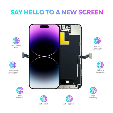 IPhone 14 Pro Six Point One Inch LCD Screen Replacement Kit With 3D Touch Digitizer Display shown with features and tools