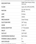 Specifications table for No-Hassle 115V Electric Drum Pump 8 Gpm Blazing Fast Oil Transfer Workhorse
