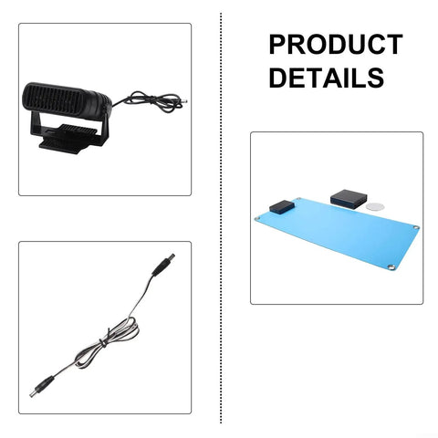 Rugged Portable Solar Heater For Dog Kennels Chicken Coops And Mini Greenhouses To Keep Your Pups Wicked Cozy While Running Butter Smooth On Sun Or 12V Batteries, showing solar blower, connector, and heating pad.