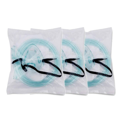 Adults Europe Size L Plus Oxygen Mask Set With 6.6 Ft Tubing and adjustable strap, three PVC masks in packaging.