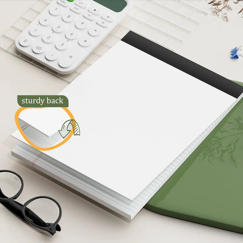 Stack of 12 Pack Legal Pads 8.5 By 11.75 College Ruled Notepads White Paper Perforated Writing Pads With 30 Sheets on desk