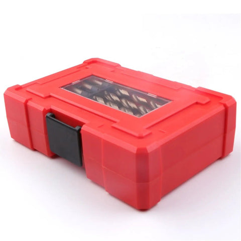 Professional 19 Piece Cobalt Drill Bit Set M35 Hssco 1.0 To 10mm Spiral Twist Bits storage case in red, showcasing durable design.