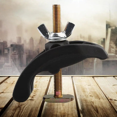 Heavy Duty Arcuate Press Plate Clamp For CNC Engraving Machine Fixture Hold Down Tool With Tough Butterfly Nut No Scratch Secure Grip Easy Use Reliable Performance, black steel clamp detail with threaded nut.