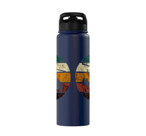 Retro Gyrocopter Themed Vintage Aviation Water Bottle For Pilots And Flight Crew with graphic on blue stainless steel bottle.